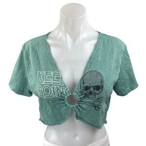 Adika Women's Blue Skull Keyhole V-Neck Short Sleeve Distressed Crop Shirt Top M
